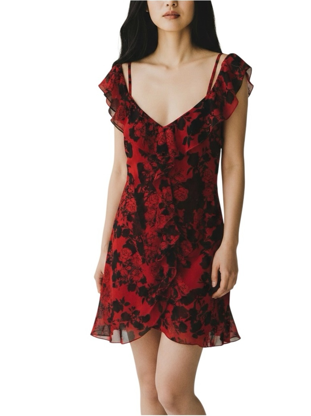 GUESS Y2K Red Floral Ruffle V-Neck Mini Dress Chiffon Semi Sheer Size 8